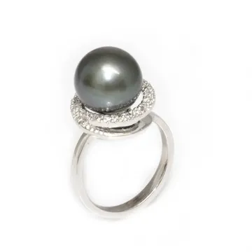 Bague En Or 18 Carats Avec Perle Noire De Tahiti - Taille 55, Occasion En Bon état