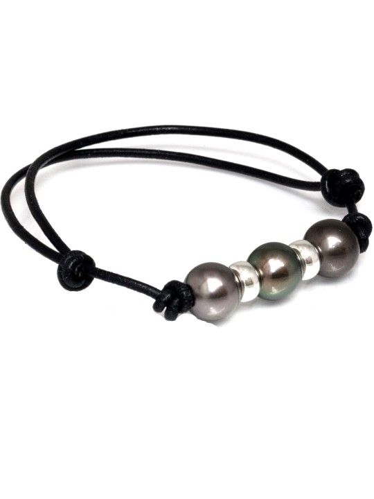 Bracelet cuir noir 3 perles de tahiti 9-10mm AAA