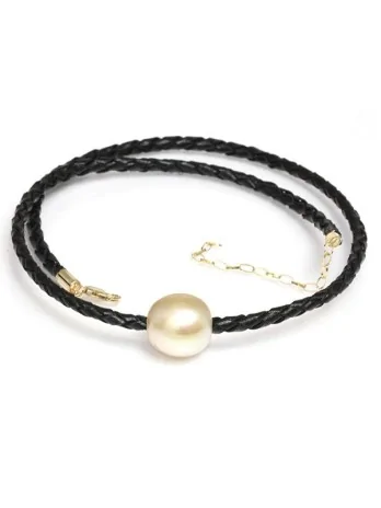 Collier cuir noir tressé et perle australie Moea Perles - 1