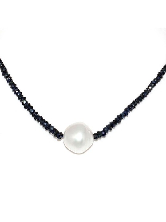 Collier perle australie et pierre précieuse saphir bleu foncé