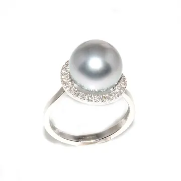 Bague En Or Blanc 18 Carats Avec Perle De Tahiti Grise Et Diamants - Taille 54 - Comme Neuve