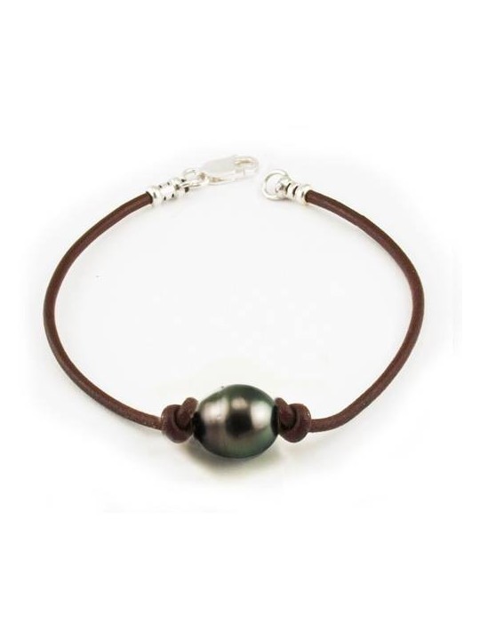 Bracelet cuir marron perle de tahiti