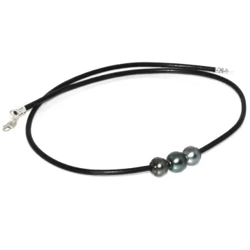 Collier cuir noir 3 perles Ario Moea Perles - 1