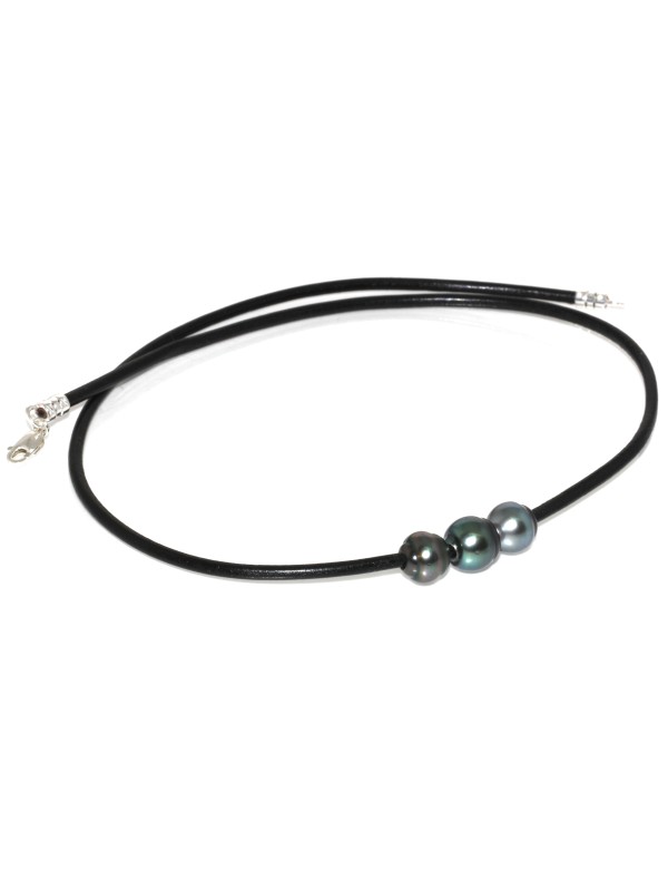 Collier cuir noir 3 perles Ario Moea Perles - 1