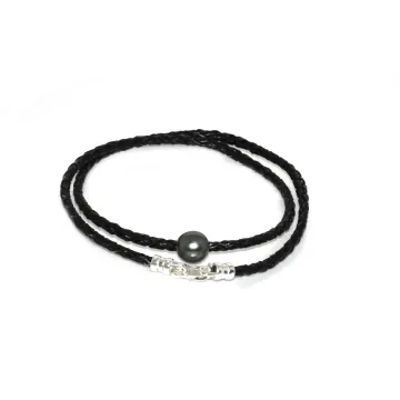 Collier cuir noir tressé et perle Moea Perles - 1