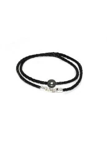 Collier cuir noir tressé et perle Moea Perles - 1