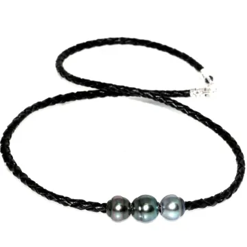 Collier cuir tréssé 3 perles de tahiti Moea Perles - 1