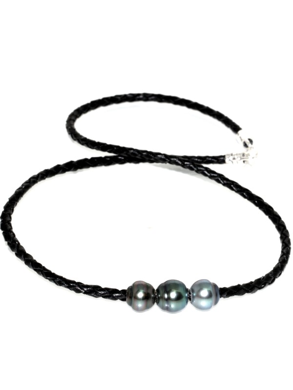 Collier cuir noir tréssé 3 perles de tahiti baroques 10-11mm AA