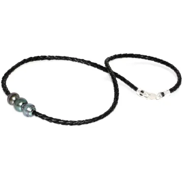 Collier cuir tréssé 3 perles de tahiti Moea Perles - 2