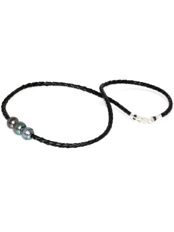 Collier cuir tréssé 3 perles de tahiti Moea Perles - 2