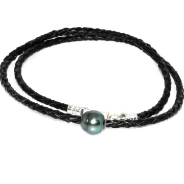 Collier cuir tréssé 1 perle de tahiti Moea Perles - 1