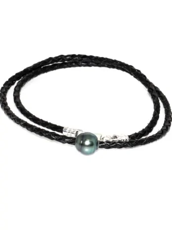 Collier cuir tréssé 1 perle de tahiti Moea Perles - 1