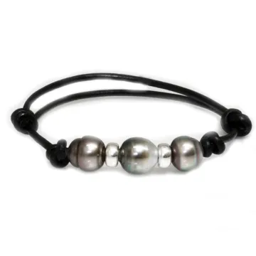 Bracelet cuir noir 3 perles Moea Perles - 1