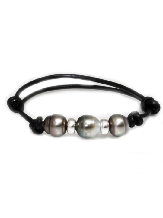 Bracelet cuir noir 3 perles baroques
