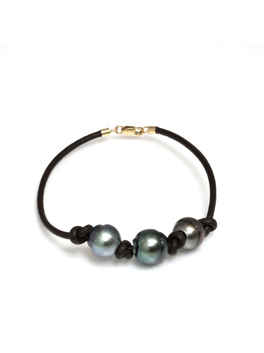 Bracelet cuir naturel 3 perles de tahiti 9/10mm AA