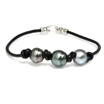 Bracelet cuir noir 3 perles Moea Perles - 1