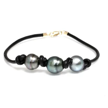 Bracelet cuir noir 3 perles Moea Perles - 2