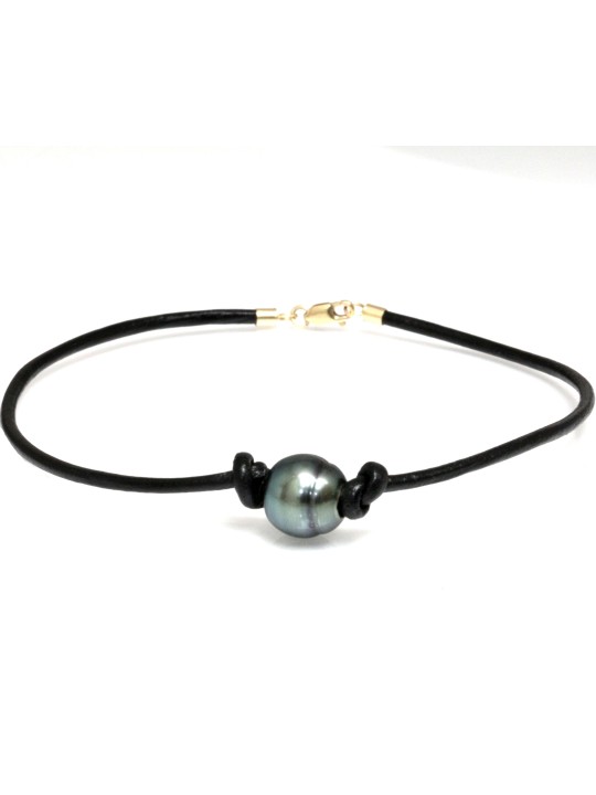 Bracelet en cuir cuir naturel avec 1 perle de Tahiti baroque