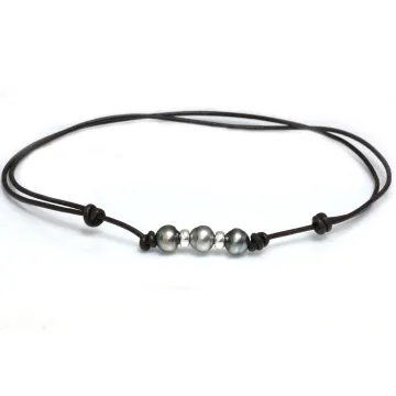 Collier cuir marron 3 perles Moea Perles - 1