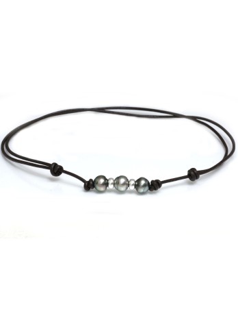 Collier cuir marron 3 perles Moea Perles - 1