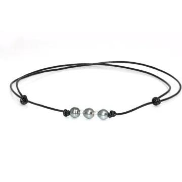 Collier cuir noir 3 perles Moea Perles - 1