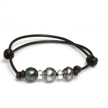 Bracelet cuir marron 3 perles Moea Perles - 1