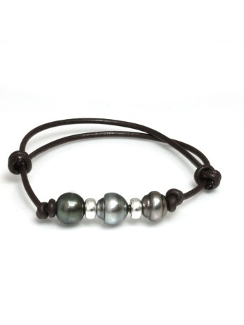 Bracelet cuir marron 3 perles Moea Perles - 1