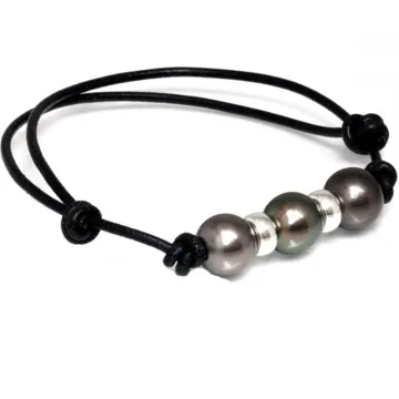 Bracelet cuir marron 3 perles Moea Perles - 1