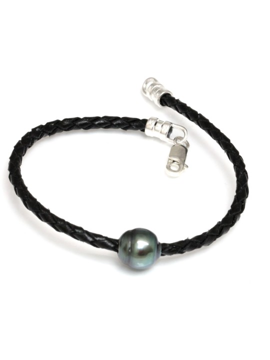 Bracelet en cuir tréssé rond noir et 1 perle de Tahiti baroque.