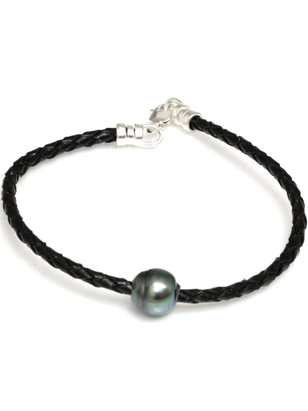 Bracelet en cuir tréssé rond noir et 1 perle de Tahiti baroque.