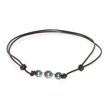 Collier cuir marron 3 perles Moea Perles - 1
