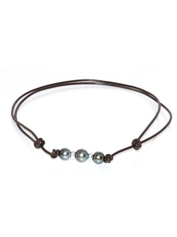 Collier cuir marron 3 perles Moea Perles - 1