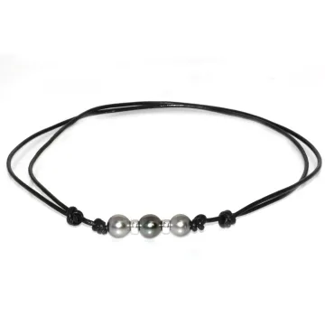 Collier cuir noir 3 perles Moea Perles - 1