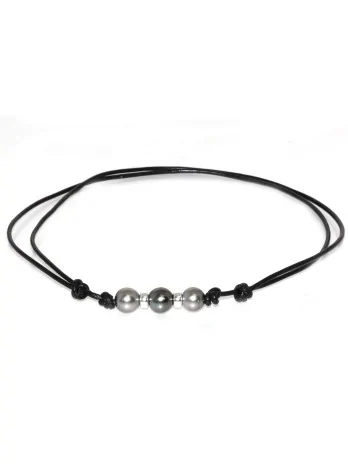 Collier cuir noir 3 perles Moea Perles - 1