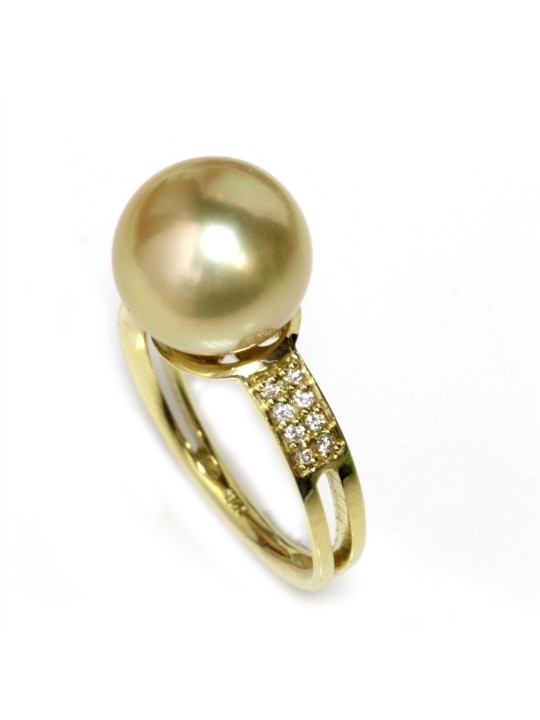 Bague Arii or jaune 18 carats perle d'australie dorée rond 9-10mm AAA