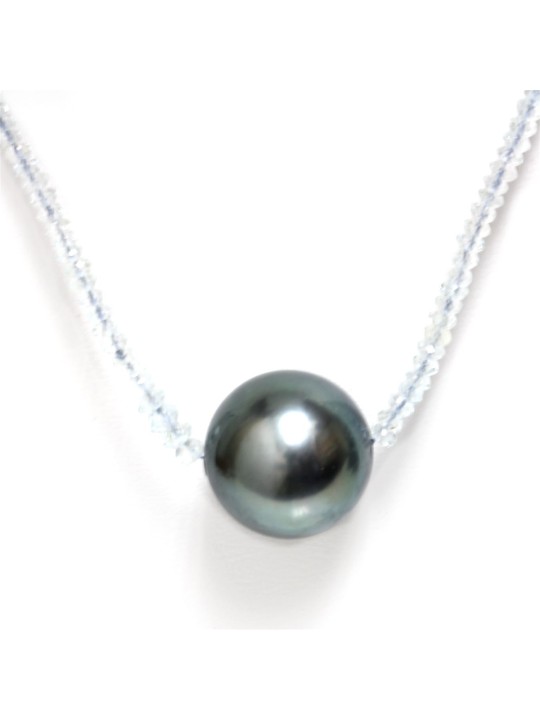 Collier perle tahiti ronde 11-13mm AAA et pierre précieuse aquamarine