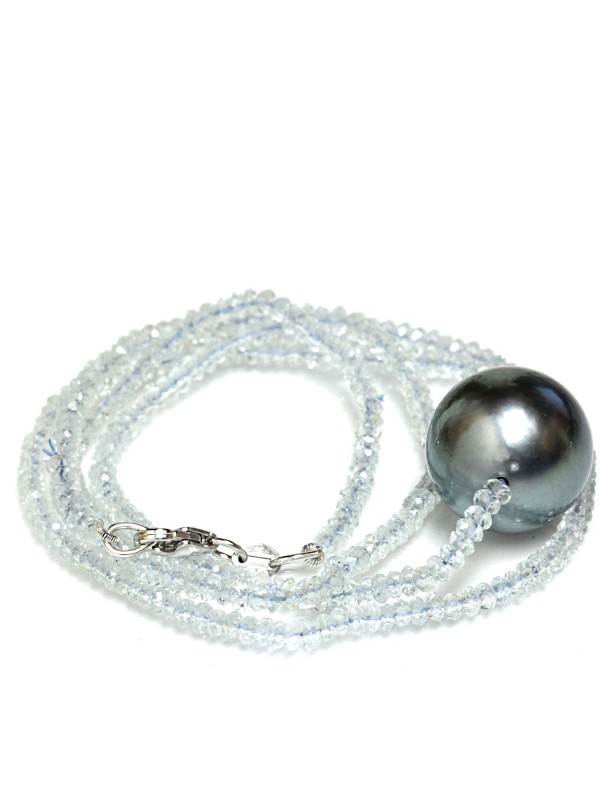 Collier perle tahiti ronde 11-13mm AAA et pierre précieuse aquamarine
