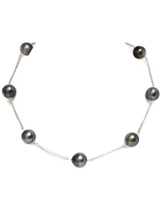 Collier Mia en argent rhodié 925 7 perles de tahiti rondes AA 9-10mm