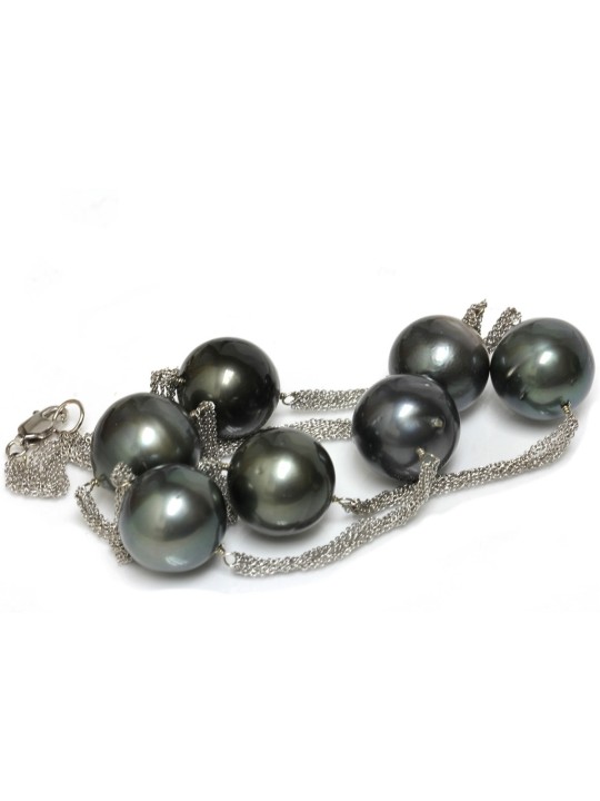 Collier Mia en argent rhodié 925 7 perles de tahiti rondes AA 9-10mm