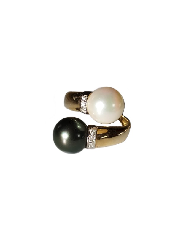 Bague duo Amor or perle de tahiti et perle de culture et diamants 9-10mm