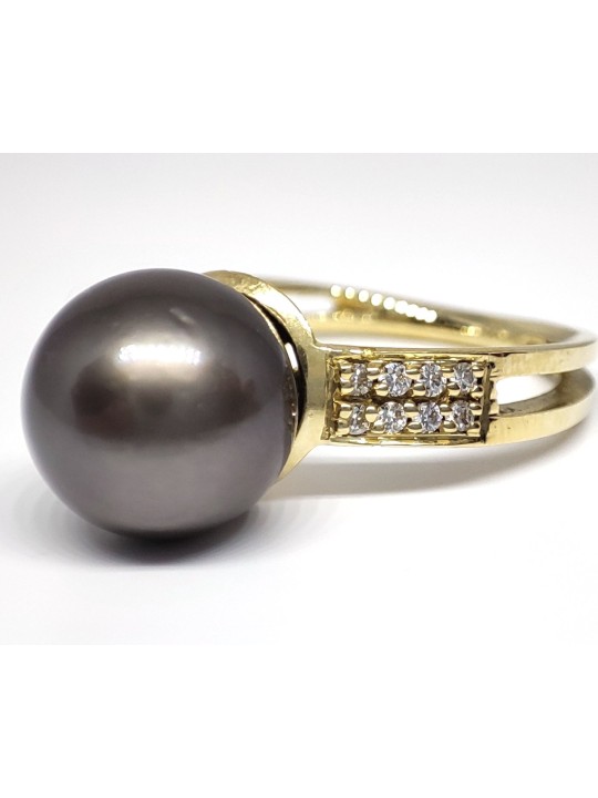 Bague Maea or 18 carats perle de tahiti ronde 9-10mm AAA et diamants