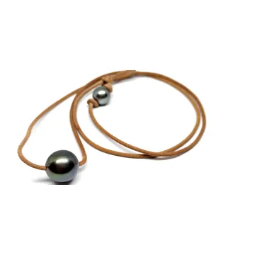 Collier cuir marron perle 14mm AAA -1