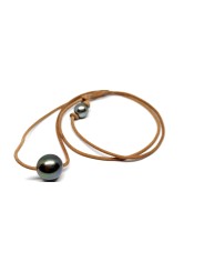 Collier cuir marron perle 14mm AAA -1