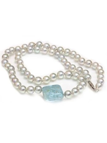 Collier perle Akoya 6mm et Aquamarine Moea Perles - 1