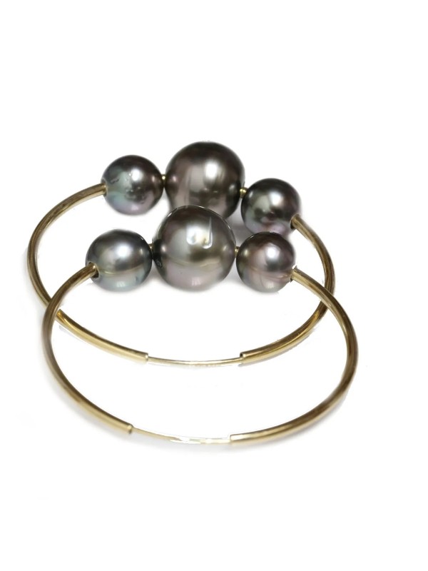 Boucles d'oreilles créoles Ni or 14 carats 3 perles de tahiti rondes 8-10mm AAA