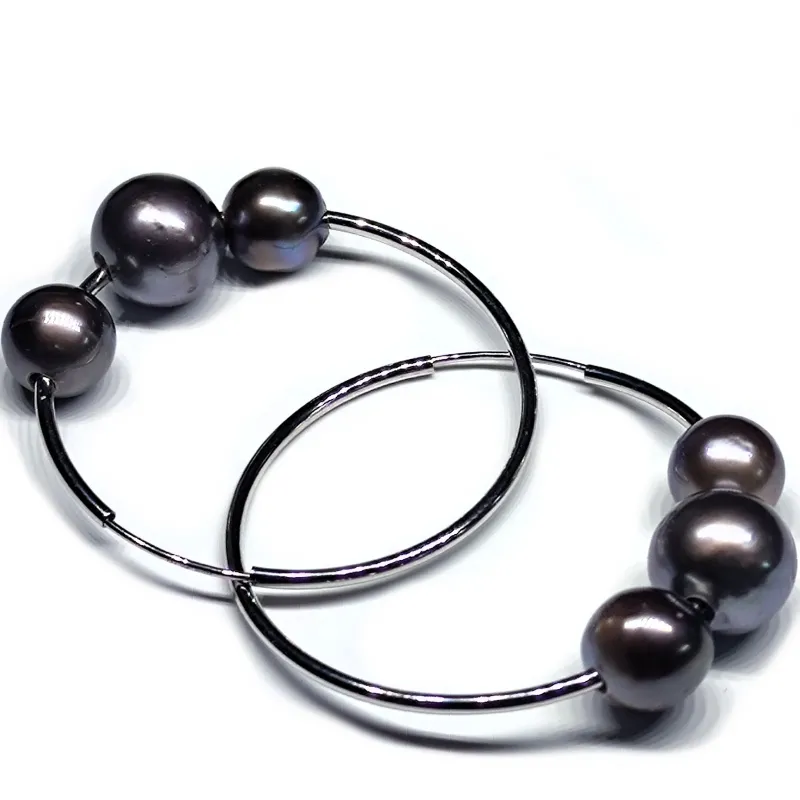 Boucles d'oreilles créoles Ni or 14 carats 3 perles de tahiti rondes 8-10mm AAA
