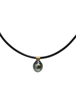 Collier cuir noir et pendentif or plaqué 9-12mm AAA - 1