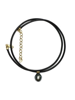 Collier cuir noir et pendentif or plaqué 9-12mm AAA - 2