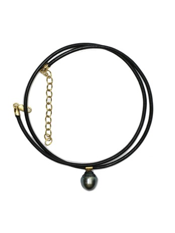 Collier cuir noir et pendentif or plaqué 9-12mm AAA - 2