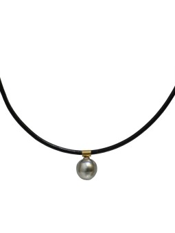 Collier cuir noir et pendentif ovale or plaqué 9-12mm AAA